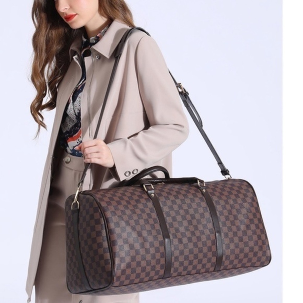Brown Check Travel Duffel Bag - Classic Checkerboard Carryall